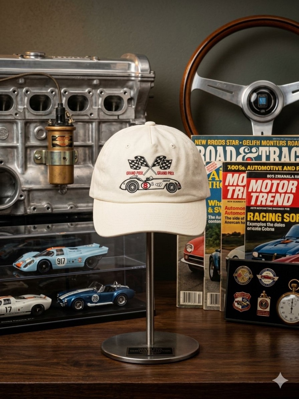 Men's Cream Racing Baseball Cap with Embroidered Car